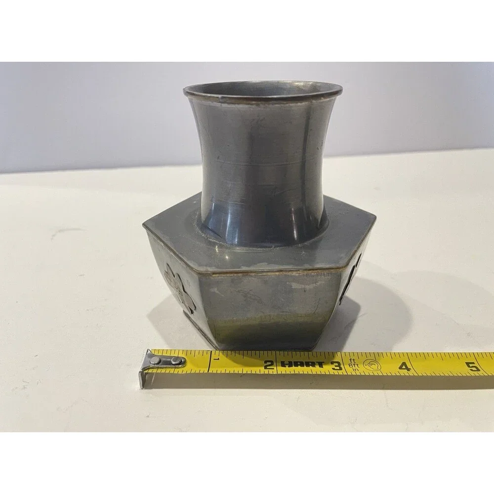 Vtg Colonial  Style Pewter Vase W  Brass Flowers & Trim / Hexagon Base  4 1/4